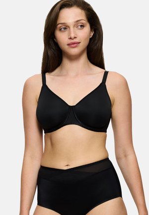 Sort bh med glat stof, bøjleunderstøttelse og justerbare stropper. Sømløst design og bredt bånd giver komfort og stabilitet.
