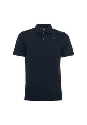 Polo di colore blu navy in cotone, con colletto a tre bottoni, maniche corte e un piccolo logo sul petto sinistro.