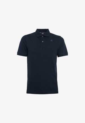 Polo di colore blu navy in cotone, con colletto a tre bottoni, maniche corte e un piccolo logo sul petto sinistro.