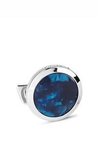 Silver-tone cufflink featuring a blue marbled resin in an oval shape. The surface has a smooth texture with a polished finish.