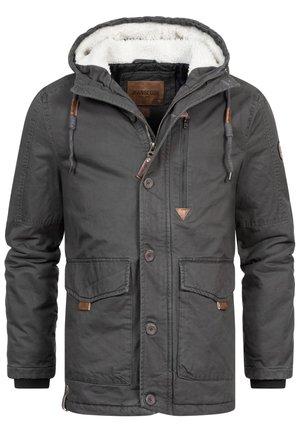 Parka gris foncé avec capuche, dotée d'une douce doublure en fourrure, de fermetures à boutons et zips, et d'accents en cuir brun. Deux poches avant.
