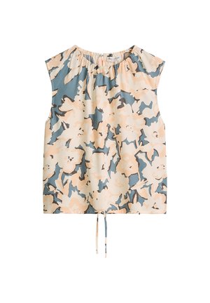 Ärmellose Bluse mit beigem und blauem Blumenmuster, rundem Ausschnitt und Kordelzug am Saum.