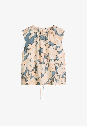 Bluzka bez rękawów w beżowo-niebieski wzór kwiatowy, z okrągłym dekoltem i troczkiem u dołu.
