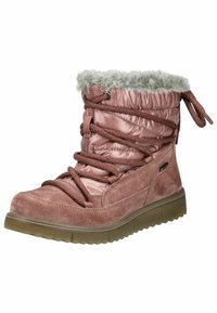 Botín de tobillo rosa de ante con parte superior de nylon acolchado y cuello de pelo sintético. Presenta cordones redondos y una suela de goma para mayor tracción.