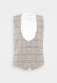 Ruskea ruudullinen liivi, jossa on avokaa ja viisi nappia, kaksi etutaskua ja sileä satiinivuori, joka näkyy kaula-aukosta.