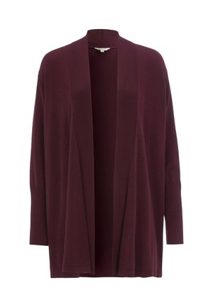 Open-front, lange mouwen cardigan in diep bordeaux met geribde kraag en manchetten, tentoon gesteld tegen een witte achtergrond.