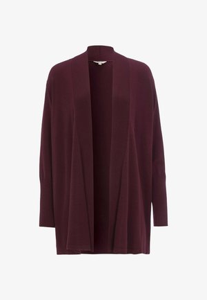 Open-front, long-sleeve cardigan in deep burgundy with ribbed collar and cuffs, displayed against a white background.