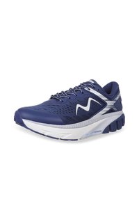 Blue athletic shoe featuring a breathable mesh upper, cushioned sole with white accents, and a textured rubber outsole for traction.