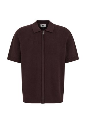 Tmavohnedý krátky sveter na zips s textúrou, golierom a rebrovanými manžetami a lemom.