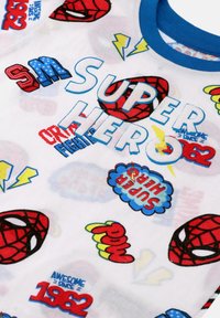 White fabric with blue neck trim featuring red Spider-Man masks, comic words like "SUPER HERO," "POW," and "AWESOME SINCE 1962" in bright colors.