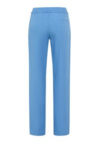 Pantalons bleus clairs, amples, avec une taille élastique, un tissu texturé, des jambes droites et une poche arrière.
