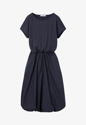 Marineblå kortærmet kjole med rund halsudskæring, elastisk taljesyning og en bobleformet nederdel.