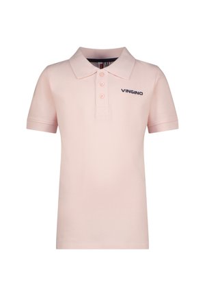 Lichtroze polo met een klassieke kraag, drie knoopsluitingen en een zwart "VINGINO" logo op de linkerborst. Zachte, gestructureerde stof.