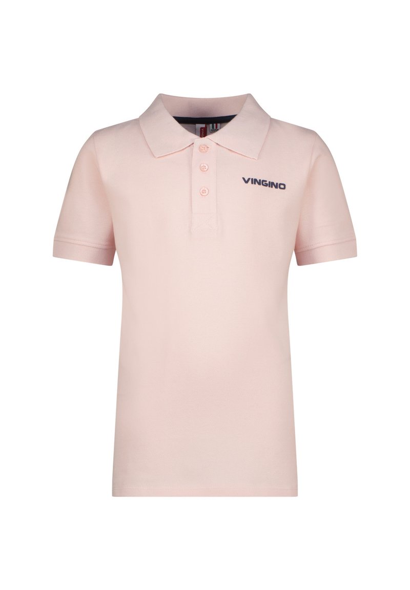 Polo shirt rosa chiaro con colletto classico, chiusura a tre bottoni e logo nero "VINGINO" sul lato sinistro del petto. Tessuto morbido e strutturato.