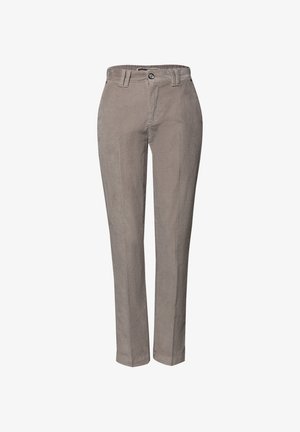 Chinos gris clair en coton texturé, avec une coupe droite, des passants de ceinture et une fermeture à bouton à la taille.