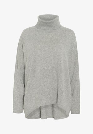 Hellgrauer Pullover mit hohem Rollkragen, lockerer Passform und langen Ärmeln. Weiche Textur mit abgerundetem Saum, der hinten leicht verlängert ist.