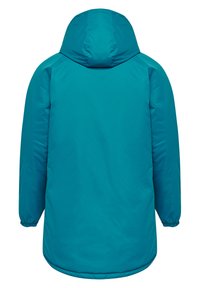 Türkisfarbene, isolierte Parka mit Kapuze, elastischen Bündchen und geradem Schnitt. Glatte Textur ohne sichtbare Muster oder Hardware-Details.