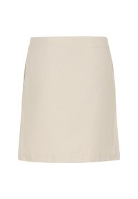 Jupe en coton beige au design droit, longueur mi-cuisse, avec poches latérales et texture lisse. Ourlet et taille simples.
