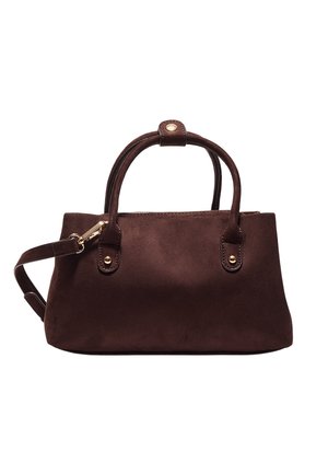 Sac à main en daim marron foncé avec double poignées, ferrures dorées et bandoulière amovible, présenté sur fond blanc.