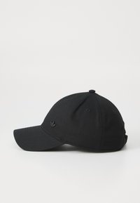 Black baseball cap made of fabric with a curved brim. Features black embroidered logo on the front and ventilation eyelets on the sides.