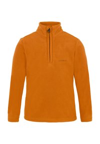 Pullover in pile arancione con colletto alto, chiusura a mezza zip e dettaglio del logo. Tessuto morbido e maniche lunghe per il calore.