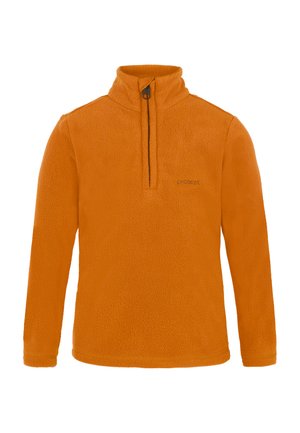 Pull en polaire orange avec col montant, fermeture zippée demi-longueur et détail de logo. Texture douce et manches longues pour plus de chaleur.