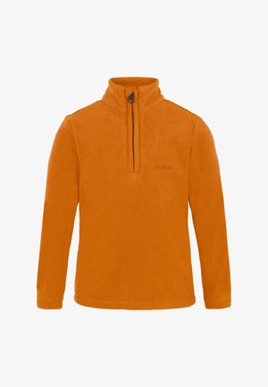 Pullover in pile arancione con colletto alto, chiusura a mezza zip e dettaglio del logo. Tessuto morbido e maniche lunghe per il calore.