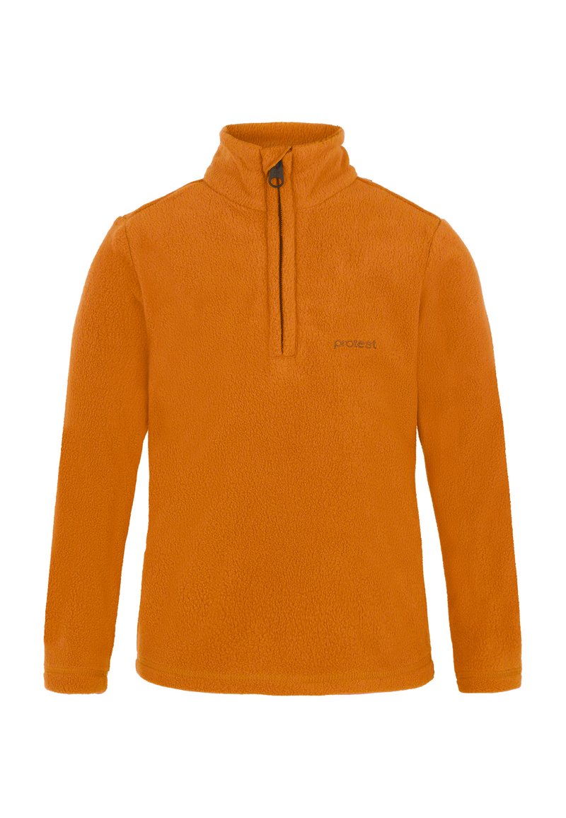 Pullover in pile arancione con colletto alto, chiusura a mezza zip e dettaglio del logo. Tessuto morbido e maniche lunghe per il calore.
