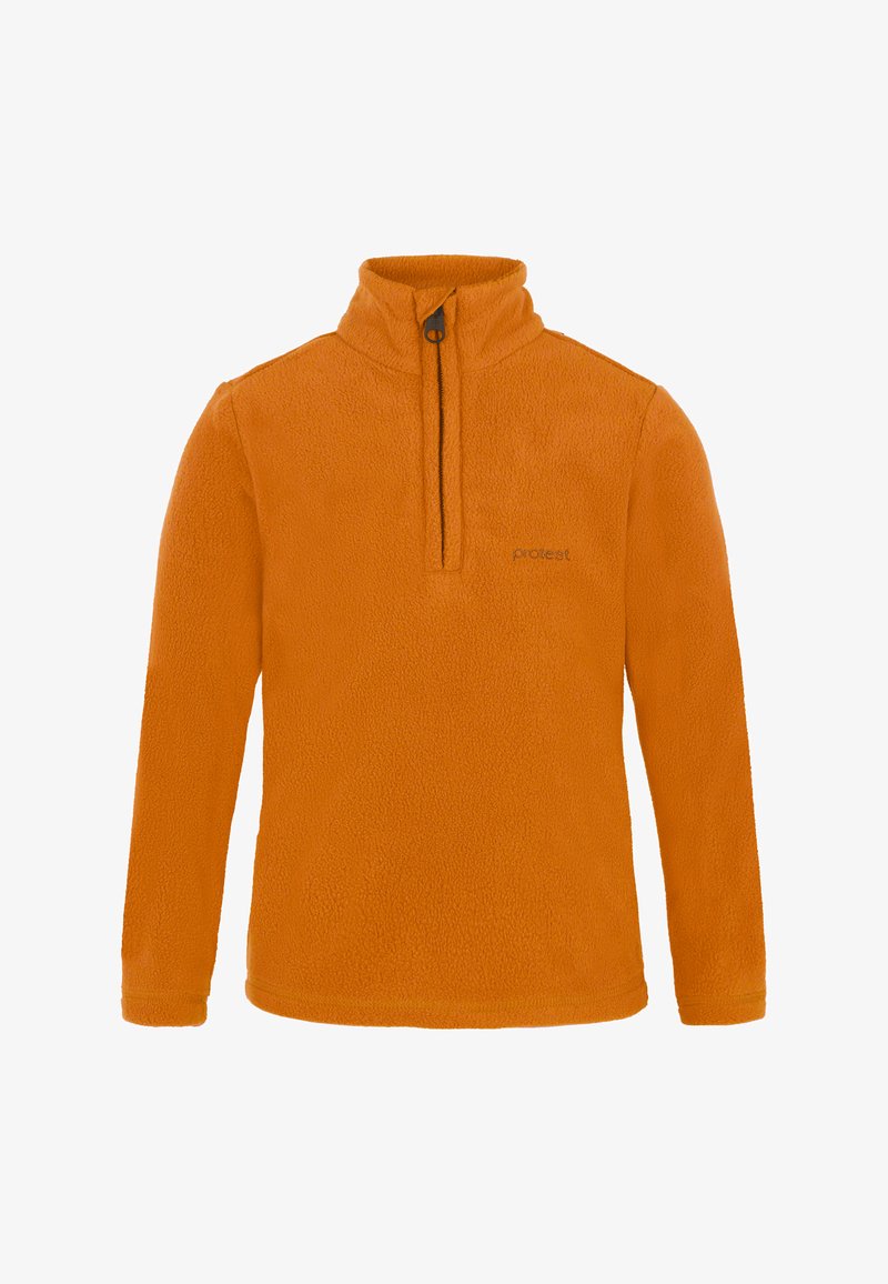 Oranger Fleece-Pullover mit Stehkragen, halben Reißverschluss und Logodetail. Weiche Textur und lange Ärmel für Wärme.