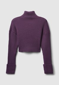Kragenloser, gerippter Pullover in Dunkelviolett. Verfügt über lange Ärmel mit breiten, gerippten Bündchen und zeigt ein strukturiertes Strickdesign.
