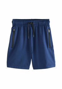 Shorts de sport bleu marine avec une taille élastique et un cordon de serrage. Comprend deux poches latérales zippées et un tissu léger et lisse.