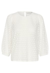 Witte kantblouse met een ronde halslijn, poffende mouwen en een sleutelgatopening aan de achterkant. Fijne bloemenpatroon overal.