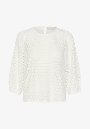 Weiße Spitzenbluse mit rundem Ausschnitt, puffärmeligen Ärmeln und einem Schlüssellochverschluss auf der Rückseite. Zartes florales Muster auf der gesamten Bluse.