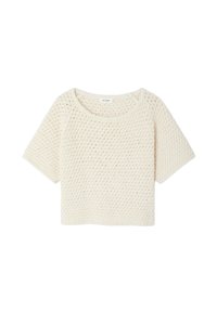 T-shirt en tricot à manches courtes de couleur crème avec une coupe ample et carrée. Présente un tissage texturé ouvert et un col rond. Sans matériel ou accents visibles.