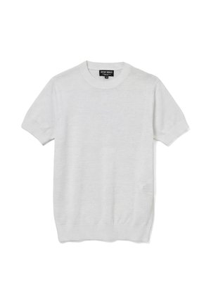Maglione bianco a maniche corte in maglia con polsini e orlo a coste, scollo rotondo e etichetta del marchio all'interno del colletto.