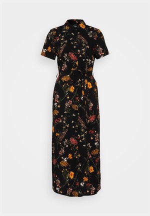Robe noire à fleurs avec des manches courtes, un col et une taille ceinturée. Le motif comprend diverses fleurs colorées sur un fond sombre.