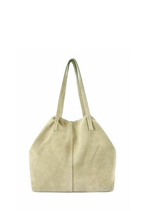 Beżowa miękka torba na ramię z zamszu z podwójnymi paskami na ramiona i subtelnym pionowym szwem pośrodku.