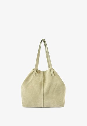 Beżowa miękka torba na ramię z zamszu z podwójnymi paskami na ramiona i subtelnym pionowym szwem pośrodku.