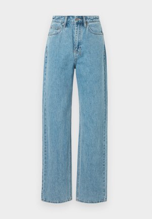 Light blue high-waisted jeans with a wide-leg cut, made of denim. Features front pockets, belt loops, and stitching accents.
