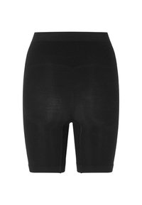 Fekete, magas derekú kompressziós rövidnadrág sima, varrás nélküli kialakítással és combközépig érő hosszúsággal, fehér háttér előtt.