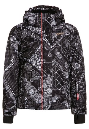 Schwarz-weiß gemusterte Kapuzenjacke mit geometrischen Designs, Frontreißverschluss und Handgelenkstulpen mit Daumenlöchern.