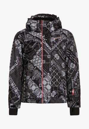 Chaqueta con capucha en blanco y negro con patrones geométricos, cremallera frontal y puños con orificios para los pulgares.