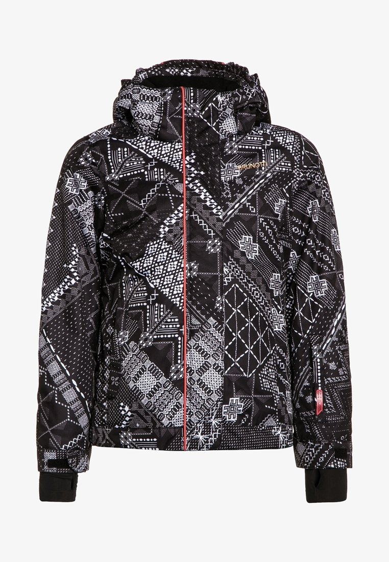Veste à capuche noire et blanche à motifs géométriques, fermeture éclair frontale et poignets avec trous pour les pouces.