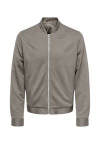 Graue Bomberjacke mit Reißverschluss, Rundhalsausschnitt und langen �Ärmeln. Hergestellt aus einem glatten Stoff mit minimalistischen Design und gerippten Bündchen.