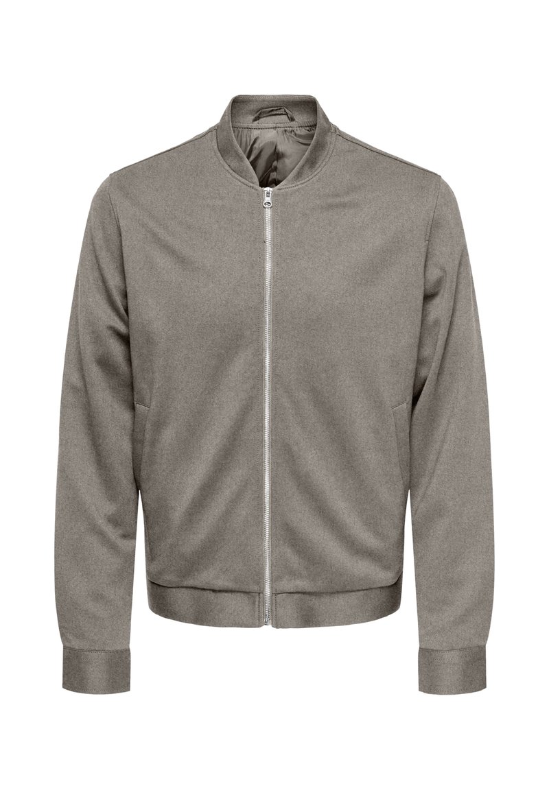 Graue Bomberjacke mit Reißverschluss, Rundhalsausschnitt und langen Ärmeln. Hergestellt aus einem glatten Stoff mit minimalistischen Design und gerippten Bündchen.