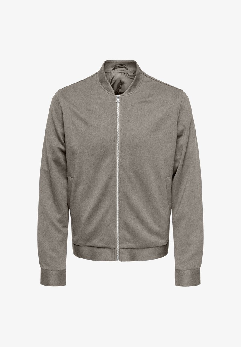 Gray bomber jacket with a zip front, round neck, and long sleeves. Made from a smooth fabric with a minimalist design and ribbed cuffs.