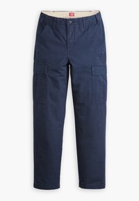 Marineblauwe katoenen cargobroek met twee zijzakken, twee dijbeenzakken en een ritssluiting. Voorzien van stevige stiksels en een recht model.