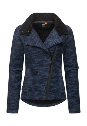 Navy blue jacket with a faux fur collar, diagonal zipper, and textured fabric. Features long sleeves and a rounded hem.
