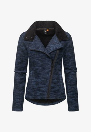 Giacca blu navy con colletto in pelliccia sintetica, zip diagonale e tessuto testurizzato. Presenta maniche lunghe e orlo arrotondato.