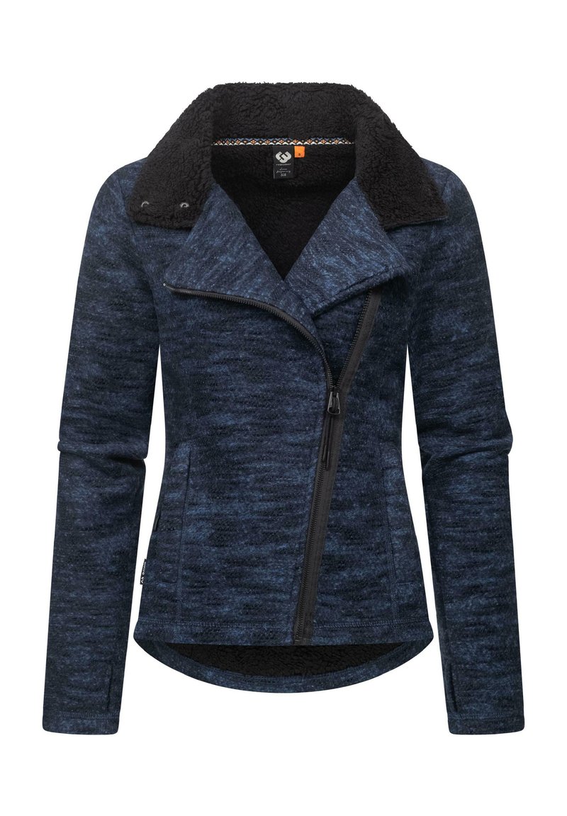 Giacca blu navy con colletto in pelliccia sintetica, zip diagonale e tessuto testurizzato. Presenta maniche lunghe e orlo arrotondato.